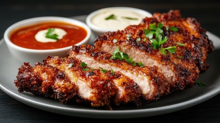 Deliciously tangy breaded chicken slices, complemented by a choice of savory sauces and garnished with fresh herbs, served with style on a sleek plate.