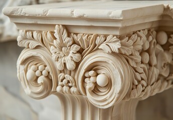 Naklejka premium Intricate Carved Capital of Decorative Column Featuring Floral Patterns and Elegant Scrollwork in Neutral Tones Captured in Natural Light