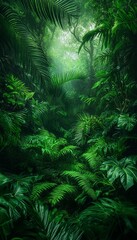 Obraz premium Lush tropical rainforest path, sunlight beams, misty jungle background