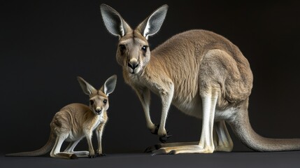 Fototapeta premium Kangaroo and joey exploring the quiet shadows of their natural habitat in the heart of Australia. Generative AI