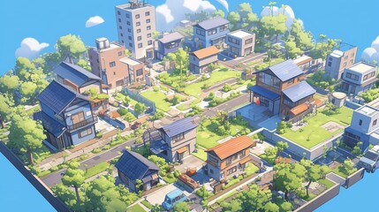 Naklejka premium Isometric illustration of a peaceful residential neighborhood with houses, trees, and roads.