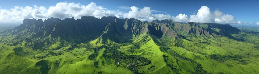Obraz premium Aerial view of lush green mountains under a partly cloudy sky. Ideal for travel brochures