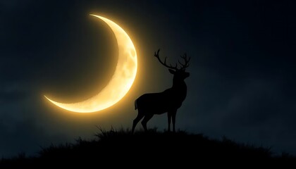 Naklejka premium Majestic Deer Silhouette Under Crescent Moon Night Landscape