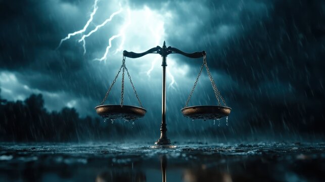 A classic set of scales stands balanced in a raging storm, contrasted by a vivid lightning bolt, symbolizing justice amidst chaos and moral dilemmas.