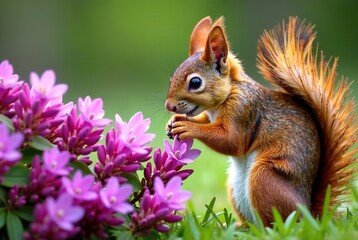 Obraz premium Cairngorms Red Squirrel Feeding on Heather