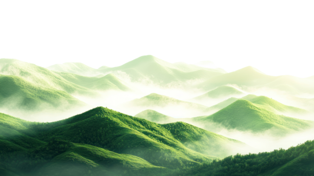 A serene landscape of rolling green hills enveloped in soft mist, creating a peaceful and tranquil atmosphere perfect for nature lovers.