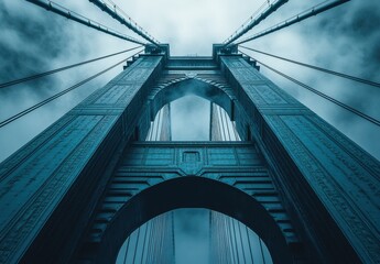 Naklejka premium Majestic Perspective of Suspension Bridge Towers Against Dramatic Clouds in a Blue Tint, Capturing Architectural Beauty and Engineering Marvel