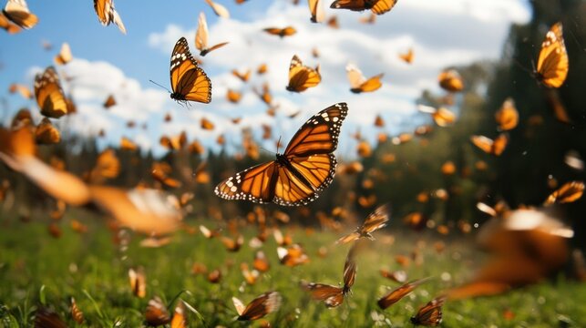 Monarch butterflies dance in the sky with green grass and trees on a vibrant sunny day