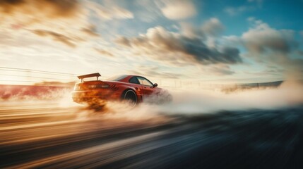 Smoke rising from the wheels of a car during a high-speed drift on a racetrack, with motion blur emphasizing the speed and intensity of the action.