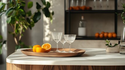 Fototapeta premium Serving platters with cocktail glasses on an eating surface