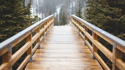 Wooden Footbridge Through Snowy Forest Landscape