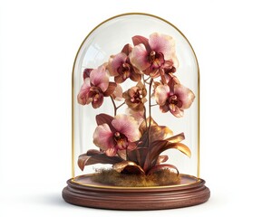 Elegant pink orchids preserved under a glass dome in a stylish wooden base.