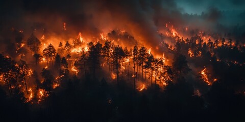 A dramatic scene of a forest fire consuming trees, representing the environmental disaster caused by human actions and the urgency for global conservation efforts.