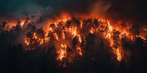 A dramatic scene of a forest fire consuming trees, representing the environmental disaster caused by human actions and the urgency for global conservation efforts.