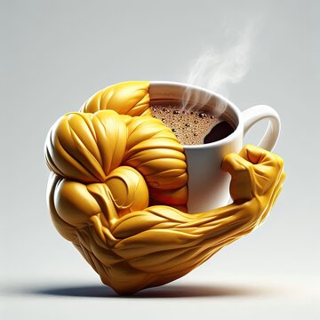 Steaming coffee muscle cup , symbol of energy and strength
