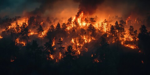 A dramatic scene of a forest fire consuming trees, representing the environmental disaster caused by human actions and the urgency for global conservation efforts.