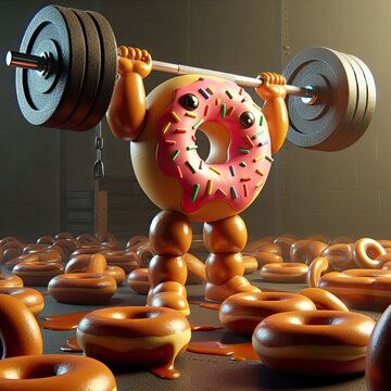Donut lifting weights, a fun symbol of balance between indulgence and fitness