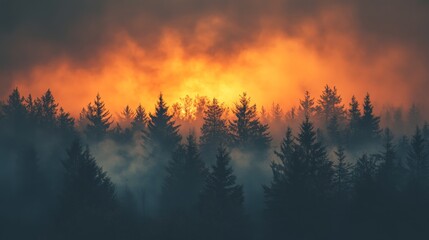 A dramatic scene of a forest fire consuming trees, representing the environmental disaster caused by human actions and the urgency for global conservation efforts.