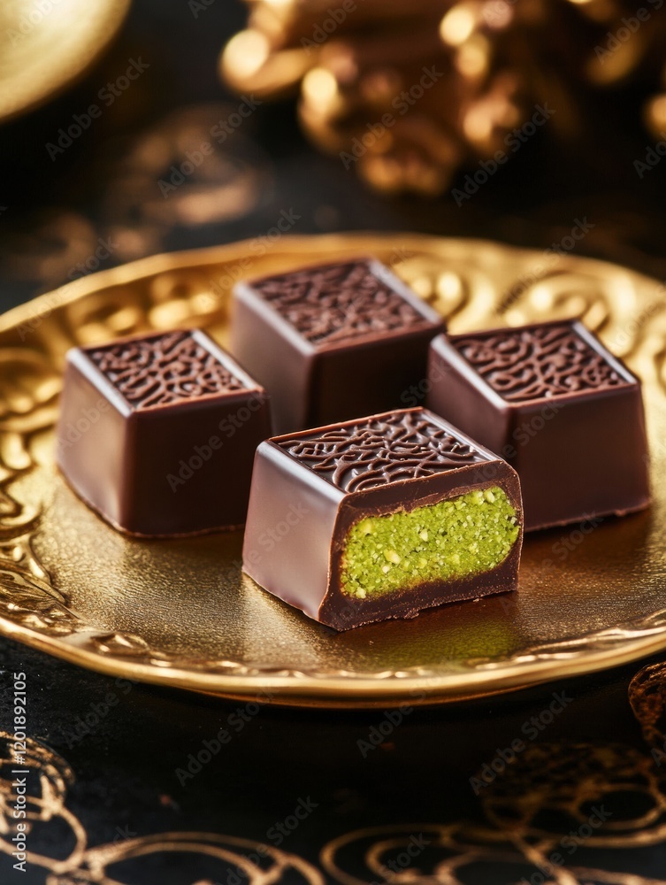 Poster delicious chocolate pieces filled with pistachio displayed elegantly on a golden plate with intricat
