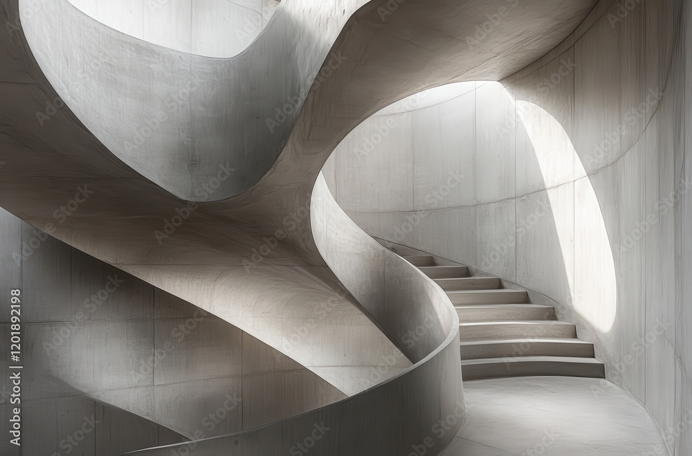 Poster modern architectural design featuring a curved staircase in a minimalist space with soft light and u