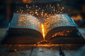 Fototapeta premium Magical glowing book on wooden table, mystical letters float. Fantasy, storytelling, education