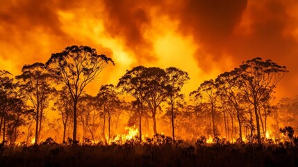 A dramatic scene of a forest fire consuming trees, representing the environmental disaster caused by human actions and the urgency for global conservation efforts.
