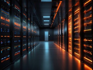 Fototapeta premium erver rooms,room with servers,data center,,server rack with servers,server rack with cables,server rack in a data center ,Server room with server tower