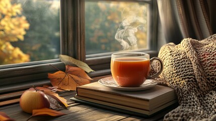A cozy fall day with a steaming mug of apple cider and a stack of books
