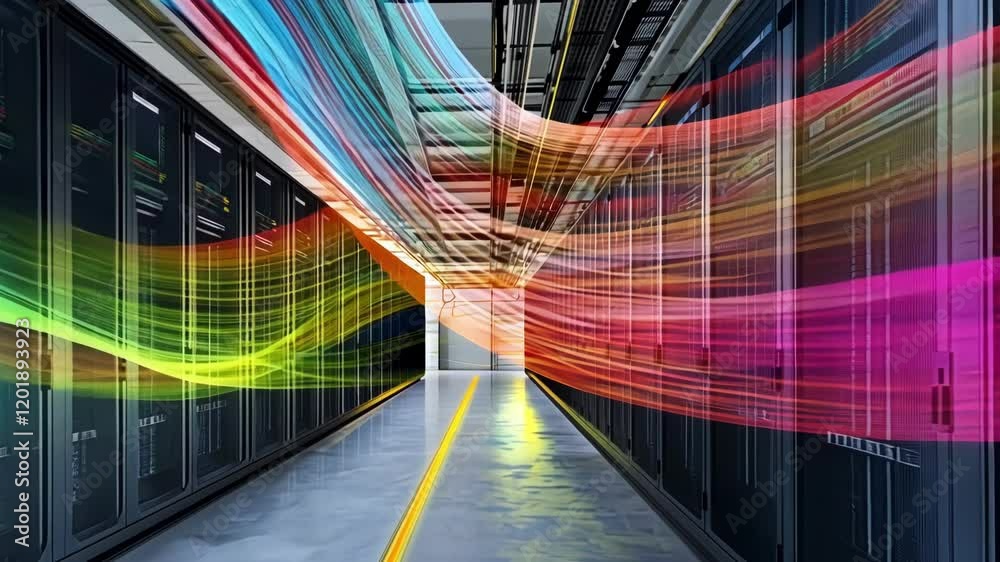 Poster a dynamic energy flow of visualized data streams within a data center where rows of servers process 