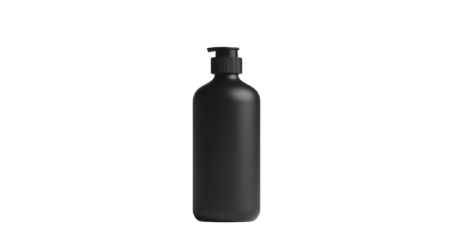 A sleek, black bottle with a modern design, perfect for branding beverages or personal care products in an elegant and minimalistic style.