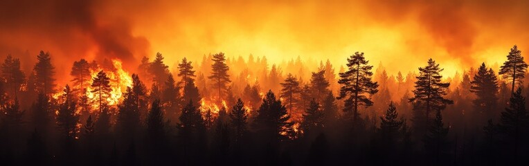 A dramatic scene of a forest fire consuming trees, representing the environmental disaster caused by human actions and the urgency for global conservation efforts.