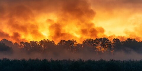 Fototapeta premium A dramatic scene of a forest fire consuming trees, representing the environmental disaster caused by human actions and the urgency for global conservation efforts.