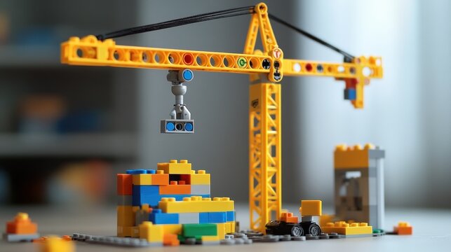 Yellow toy crane lifts blocks, indoor playroom