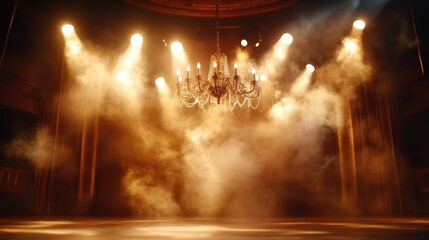 A grand chandelier hangs in a spotlight on a vintage stage, surrounded by theatrical mist; a scene embodying elegance and sublime artistic expression.