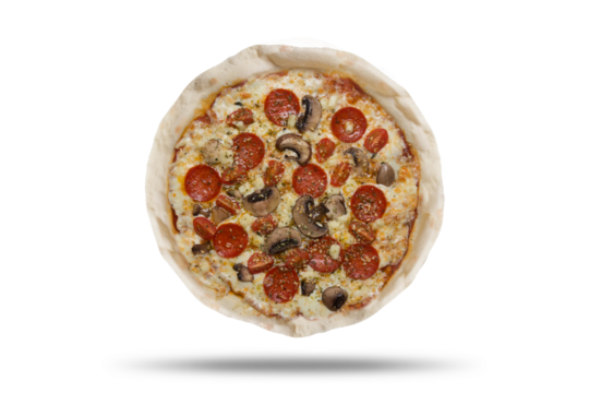 Pizza recortada no fundo transparente com sombra descolda fácil de ser retirada para aplicação de outros fundos