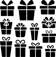 A collection of simple, solid black gift box icons, each with a different ribbon style.