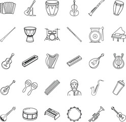 Obraz premium Musical Instruments Icons Strings, Percussion, Woodwinds, and Keys