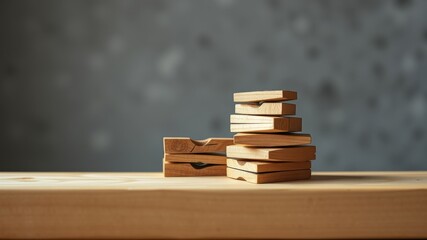 A stack of wooden blocks arranged in a geometric pattern, resting on a smooth, light-colored wooden surface against a blurry grey background.