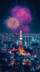 Obraz premium A vibrant cityscape of Tokyo with fireworks illuminating the skyline.
