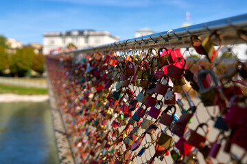 Makartsteg Bridge Love Locks on the Salzburg Austria. Love Locks on the Makartsteg Bridge over the river Salzach. Symbols of everlasting love. Salzburg, Austria.

