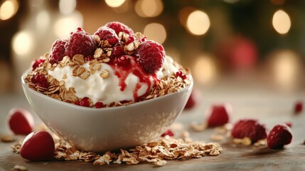 A bowl of creamy yogurt topped with crunchy granola and fresh red raspberries creating a captivating and delectable snack or breakfast option for health enthusiasts.