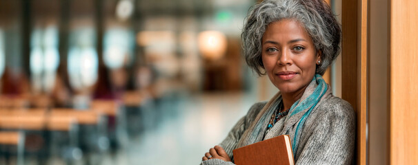 Close up portrait of a mature female teacher smiling in a classroom expressing confidence and wisdom
