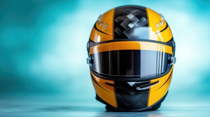 This headgear showcases a pattern of yellow and black that is emblematic of a race car driver's need for both safety and style during thrilling competitions on track.