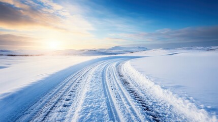 Obraz premium Beautiful snowy landscape with a winding path leading into the distance, under a bright sunlit sky, capturing the serene and ethereal essence of winter's beauty.