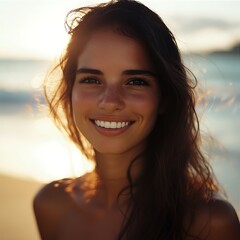 Radiant Woman Smiling At Sunset Beach With Long Brown Hair Close Up Portrait Photography