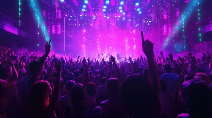 Crowd of people at rock or pop concert, music festival, cheering band. Fans raised hands wave and dancing. Purple pink color. Energy drive atmosphere. Fun night club party. Cool rave. Nightlife.