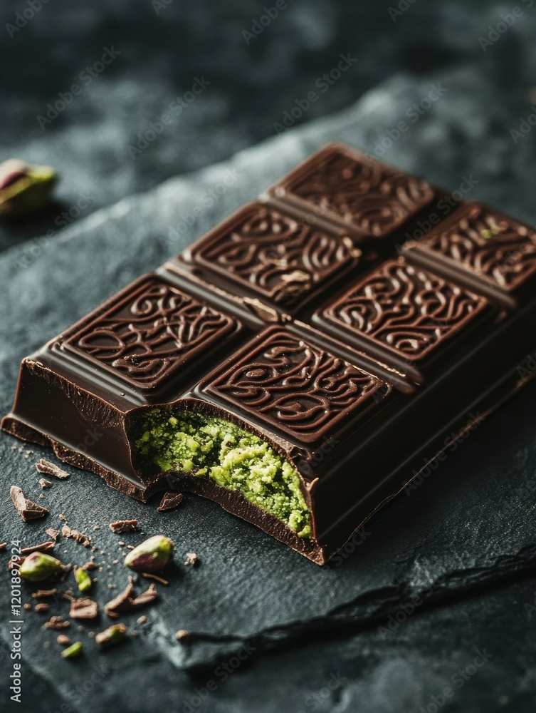 Poster delicious chocolate with pistachio filling elegantly presented on a golden plate with intricate arab