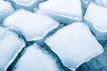 Directional path flow concept. Ice cubes arranged on a surface, showcasing their crystallized texture and clear appearance.