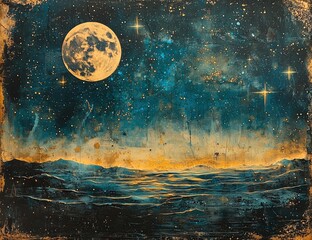 Fabulous vintage illustration, night landscape with starry sky and golden moon. 3d
