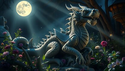Fototapeta premium Majestic Stone Dragon Statue Moonlight Garden Fantasy Art